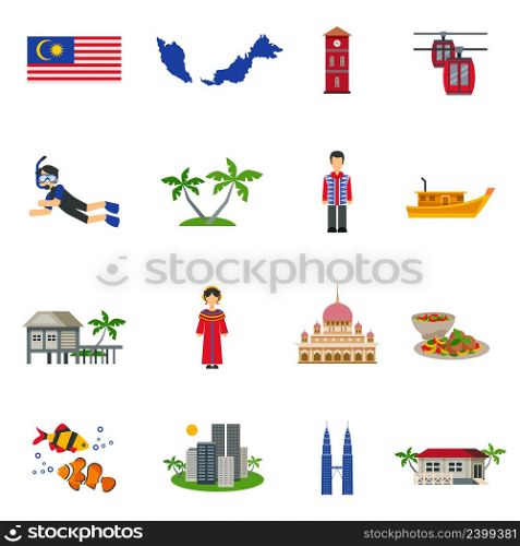Malaysian culture symbols and tourist attractions with map and national flag flat icons collection abstract vector isolated illustration. Malaysian Culture Symbols Flat Icons Set