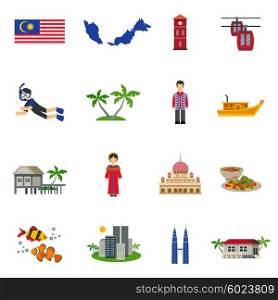 Malaysian Culture Symbols Flat Icons Set. Malaysian culture symbols and tourist attractions with map and national flag flat icons collection abstract vector isolated illustration