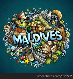 Maldives hand drawn cartoon doodles illustration. Funny travel design. Creative art vector background. Handwritten text with exotic island elements and objects. Colorful composition. Maldives hand drawn cartoon doodles illustration. Funny travel design.