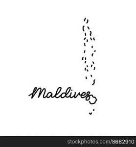 Maldives outline map with the handwritten country name. Continuous line drawing of patriotic home sign. A love for a small homeland. T-shirt print idea. Vector illustration.. Maldives outline map with the handwritten country name. Continuous line drawing of patriotic home sign