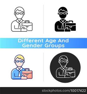 Male adult icon. Middle-aged man. Midlife reevaluation. Fully developed and mature person. Physical, intellectual maturity. Linear black and RGB color styles. Isolated vector illustrations. Male adult icon