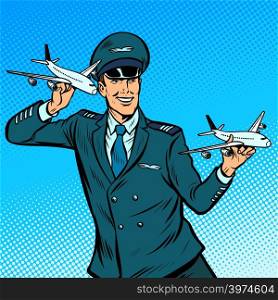 male airplane pilot. Model aircraft in hand. Pop art retro vector illustration kitsch vintage. male airplane pilot. Model aircraft in hand