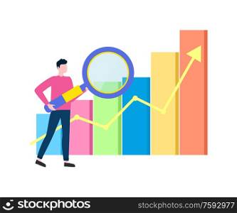 Male analyzing received data vector, business project statistics and information in visual representation, diagram and arrowhead, growing up flat style. Man with Magnifying Glass Analyzing Data Info