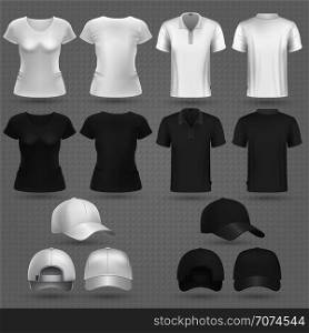 Male and famale black white t-shirt and baseball cap vector 3d mockup isolated. T-shirt mockup and sportswear baseball cap illustration. Male and female black white t-shirt and baseball cap vector 3d mockup isolated