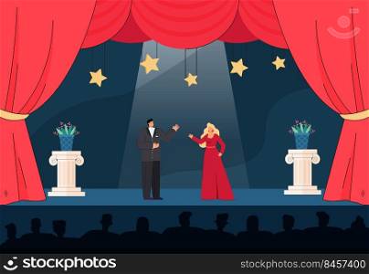 Male and female artists playing on stage in front of audience. Cartoon performers in evening dresses singing drama song flat vector illustration. Theater, opera, orchestra, music concept