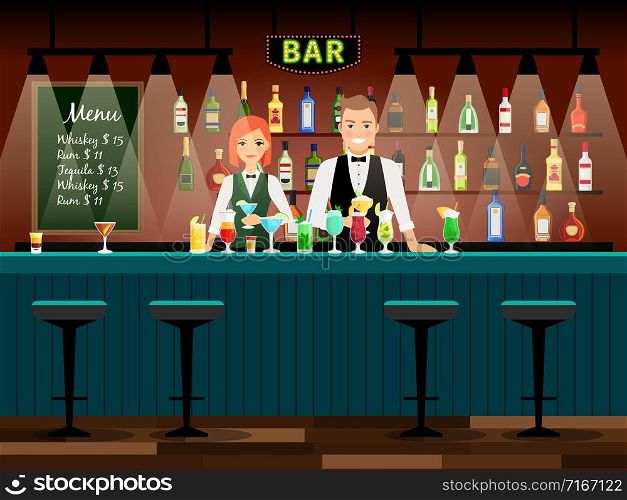 Male and female bartenders vector background. Bar vector illustration. Male and female bartenders