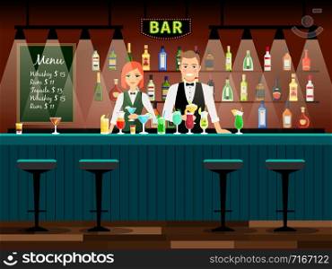 Male and female bartenders vector background. Bar vector illustration. Male and female bartenders