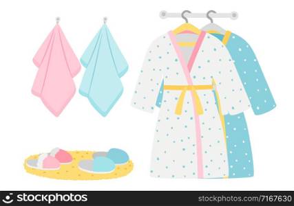 Male and female bathrobes, slippers and towels vector elements. Illustration of bathrobe and towel, clothing for bathroom. Male and female bathrobes, slippers and towels vector elements