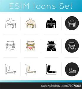 Male and female body sizing icons set. Linear, black and RGB color styles. Arm length, man chest and woman waist circumferences. Tailor parameters for bespoke clothing. Isolated vector illustrations