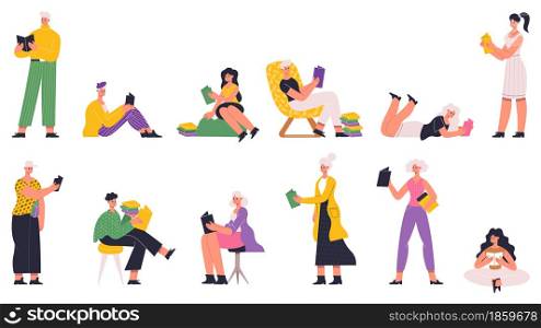 Male and female book lovers reading paper books. Students learning, characters reading literature vector illustration set. People reading books, reader woman and man. Male and female book lovers reading paper books. Students learning, characters reading literature vector illustration set. People reading books