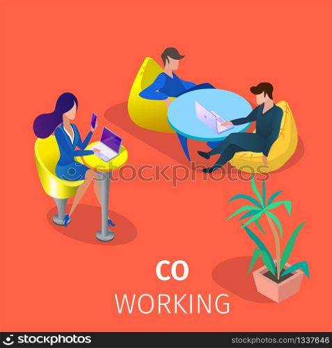 Male and Female Businesspeople Characters Sit at Tables in Modern Coworking Area Work And Relaxing Together. Business People Teamworking Project 3D Isometric Cartoon Vector Illustration, Square Banner. Businesspeople Characters Work in Coworking Area