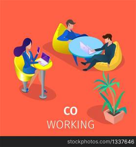 Male and Female Businesspeople Characters Sit at Tables in Modern Coworking Area Work And Relaxing Together. Business People Teamworking Project 3D Isometric Cartoon Vector Illustration, Square Banner. Businesspeople Characters Work in Coworking Area