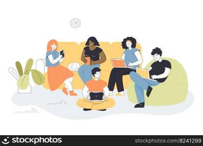 Male and female cartoon characters using laptops, tablet, smartphones. Digital device users spending time together flat vector illustration. Modern technology, internet surfing, public access concept