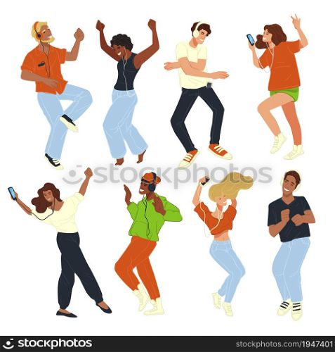 Male and female character dancing at party or disco, people having fun and practicing skills. Celebration or clubbing, personages listening to music and enjoy entertainment. Vector in flat style. Dancing people fun at party or disco celebration