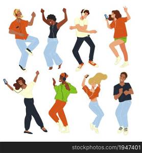 Male and female character dancing at party or disco, people having fun and practicing skills. Celebration or clubbing, personages listening to music and enjoy entertainment. Vector in flat style. Dancing people fun at party or disco celebration