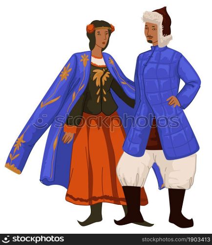 Male and female character wearing clothes and accessories of Golden horde period. Mongol man and woman in skirt, trousers and cloaks. Ancient people historical outfits apparels. Vector in flat style. Mongol man and woman in traditional clothes vector