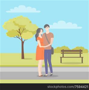 Male and female characters in flat style walking in summer or spring park, bench and trees. Vector guy with bag over shoulder and brunette girl in red dress. Male and Female Characters in Flat Style Walking
