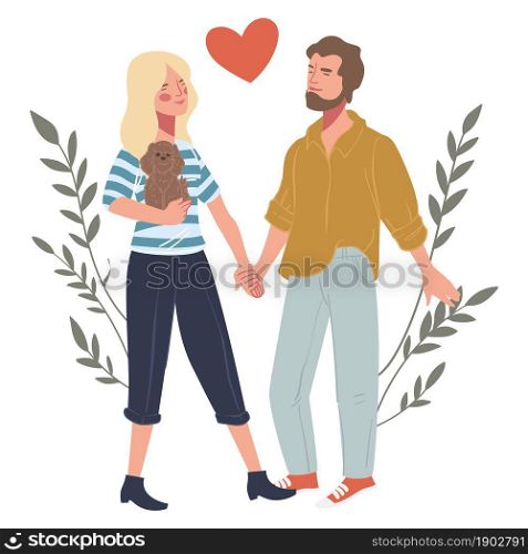 Male and female characters in love on date, dating man and woman holding hands. Isolated personages hugging, woman holding teddy bear present from boyfriend. Relationship vector in flat style. Dating man and woman in love holding hands vector