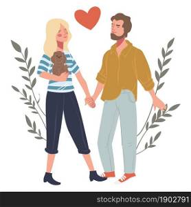 Male and female characters in love on date, dating man and woman holding hands. Isolated personages hugging, woman holding teddy bear present from boyfriend. Relationship vector in flat style. Dating man and woman in love holding hands vector