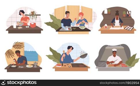 Male and female characters preparing food for dinner or lunch. Personages working in kitchen, cafe or restaurant staff. Hobby or culinary and bakery classes. Housewife and chef. Vector in flat style. People cooking in kitchen, home or restaurant work