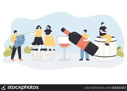 Male and female characters producing wine, holding vine, sitting on barrel and having alcohol drink. Cartoon people in process of natural winemaking flat vector illustration. Organic wine concept