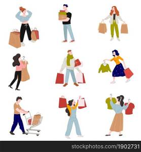 Male and female characters shopping in shops and stores, carrying bought products or clothes. Man and woman with bag, boxes and presents on holidays. Person with trolley. Vector in flat style. Shopping people holding bags, boxes and presents