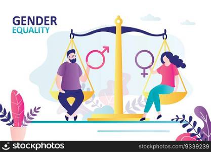 Male and female characters sit on scales and holds gender icon. Equal rights between men and women. Concept of sex equality and egalitarianism. Same opportunities for all people. Vector illustration