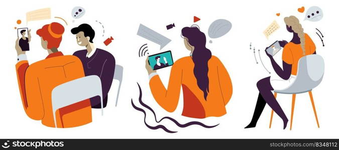 Male and female characters talking in internet using smartphones and laptops, tablets and gadget devices. Communication and technological advance, meeting and video chat. Vector in flat style. People communicating via internet applications