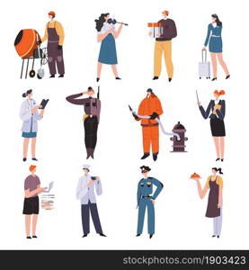 Male and female characters working at different professions. Musician and builder, doctor and it developer, policeman and firefighter, teacher and chef, soldier and stewardess. Vector in flat style. People of different professions, male and female