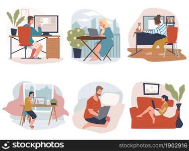 Male and female characters working from home, people using laptops and personal computers to get projects done. Quarantine self isolation and job. Programming or education. Vector in flat style. People working from home, freelancers at work