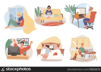 Male and female characters working from home with pets using laptops and books. Student studying online with computer. Woman at bed or sofa, man drinking coffee in kitchen. Vector in flat style. People working on laptops from home with pets