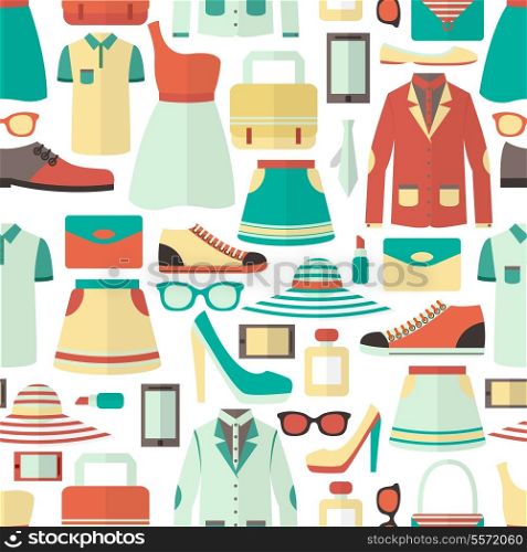 Male and female clothes footwear cosmetics and gadgets shopping seamless pattern vector illustration