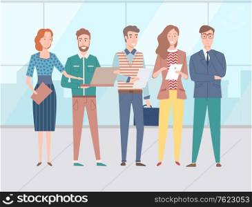 Male and female colleagues, office workers standing together holding tablets, documents and laptop. Group of people discussing business issues, teamwork concept. Group of People , Coworkers and Colleagues Vector