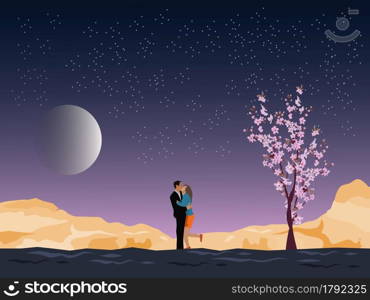 Male and female couples are kissing on top of a mountain with mountains and moon in the background.