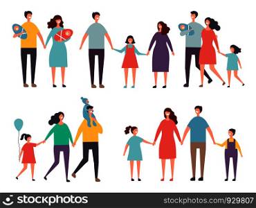 Male and female couples. Childrens and family couples characters isolate on white. Family mother father girl and boy, vector illustration. Male and female couples. Childrens and family couples characters isolate on white