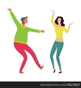 Male and female dancers moving together, man and woman dancing, girl and boy characters in casual clothes. Vector husband and wife entertain on party. Male and Female Dancers Moving Together Vector