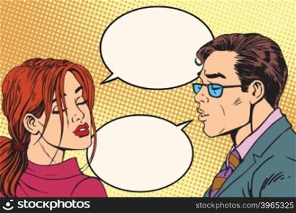 Male and female dialogue before the kiss pop art retro vector. Retro man and woman. Couple love vector. Male and female dialogue before the kiss