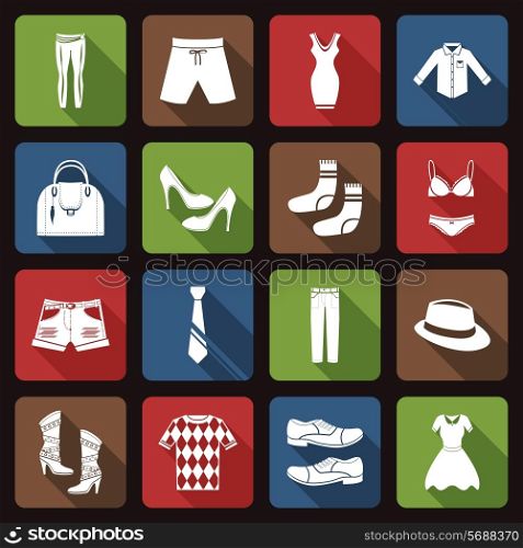 Male and female fashion clothes underwear and footwear flat icons set vector illustration
