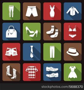 Male and female fashion clothes underwear and footwear flat icons set vector illustration
