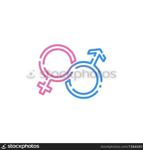Male and female, gender, sex symbol or symbols of men and women icon flat in blue and pink on isolated white background. EPS 10 vector. Male and female, gender, sex symbol or symbols of men and women icon line flat in blue and pink on isolated white background. EPS 10 vector.