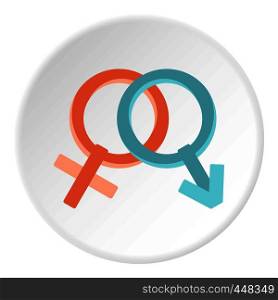 Male and female gender signs icon in flat circle isolated vector illustration for web. Male and female gender signs icon circle