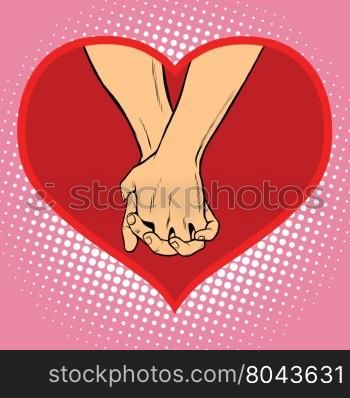 Male and female hand together in a red heart symbol of love pop art retro vector. . Male and female hand together in a red heart symbol of love