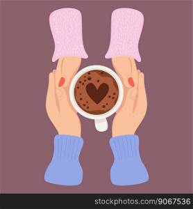 Male and female hands gently holding cup of coffee with foam and heart. Top view. Vector illustration. Hand drawn style for design, advertising, decor, decoration, romantic concepts and postcards