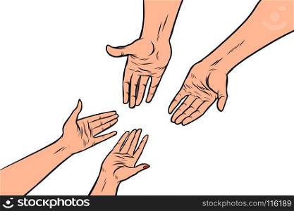 Male and female hands isolated on white background. Pop art retro vector illustration. Male and female hands isolated on white background