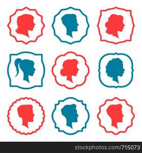Male and female head silhouettes. Avatars, people face profile or anonymous head avatar. Human faces silhouette portrait vector isolated icons collection. Male and female head silhouettes. Avatars, people face profile vector icons