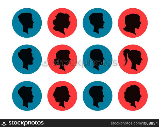 Male and female head silhouettes. Avatars, people face profile portrait heads sign. Person black avatar, anonymous faces vintage portrait. Colorful vector isolated icons set. Male and female head silhouettes. Avatars, people face profile. Person vector icons