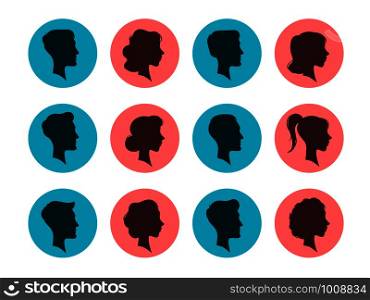 Male and female head silhouettes. Avatars, people face profile portrait heads sign. Person black avatar, anonymous faces vintage portrait. Colorful vector isolated icons set. Male and female head silhouettes. Avatars, people face profile. Person vector icons