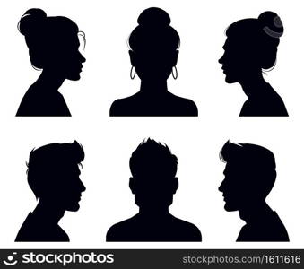 Male and female head silhouettes. People profile and full face portraits, anonymous shadow portraits vector illustration set. Adult people face silhouettes. Man and woman head from different sides. Male and female head silhouettes. People profile and full face portraits, anonymous shadow portraits vector illustration set. Adult people face silhouettes