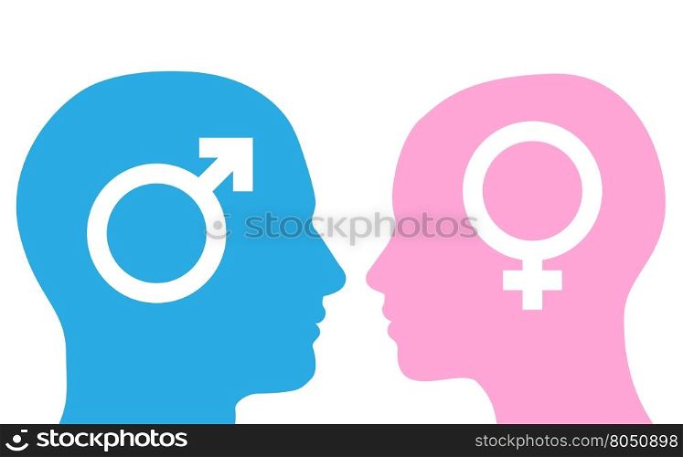 Male and female heads facing each other in silhouette with symbols.