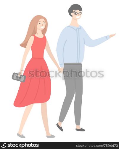 Male and female in love, guy in glasses, lady in red dress, people in casual cloth walking and flirting. Man and woman holding hands vector isolated couple. Male and Female in Love, Guy and Lady Walking